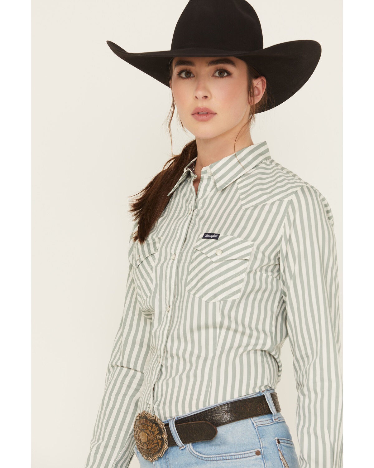 Image #2 - Wrangler Retro Women's Striped Long Sleeve Snap Western Shirt, Green, hi-res