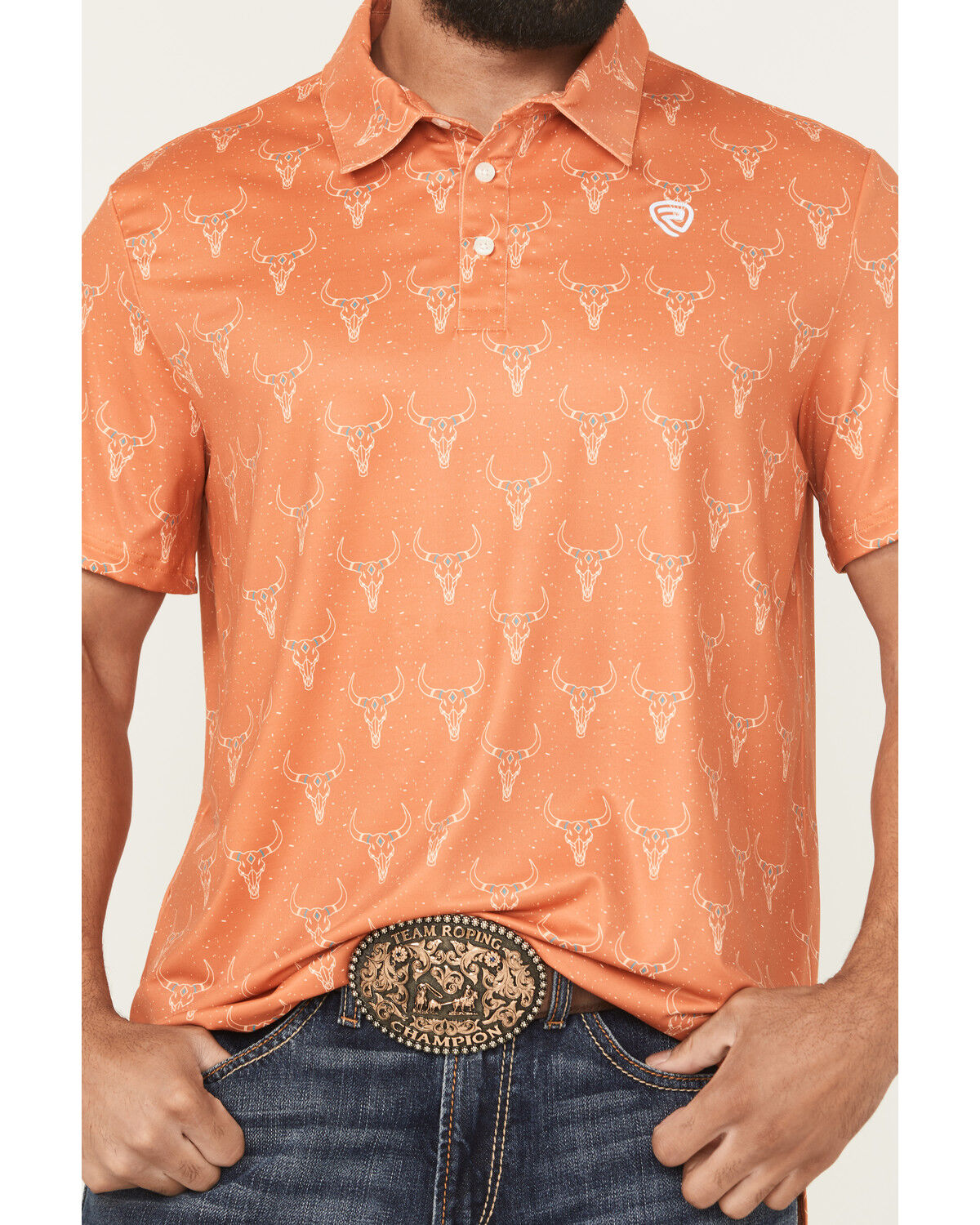 Image #3 - Rock & Roll Denim Men's Skull Print Short Sleeve Button-Down Stretch Polo, Orange, hi-res