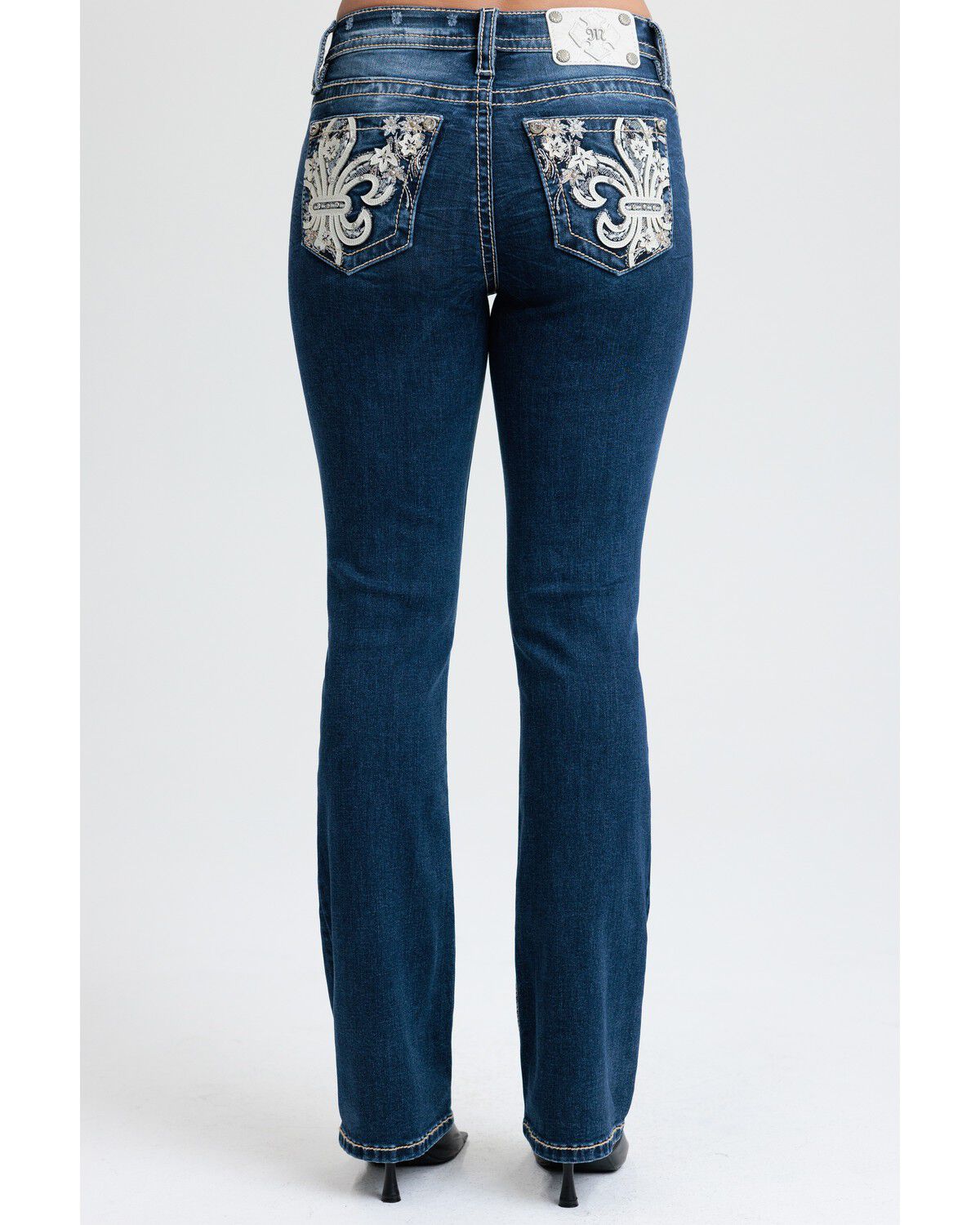 Image #1 - Miss Me Women's Dark Wash Mid Rise Fleur de Lis 32" Bootcut Stretch Denim Jeans, Dark Wash, hi-res