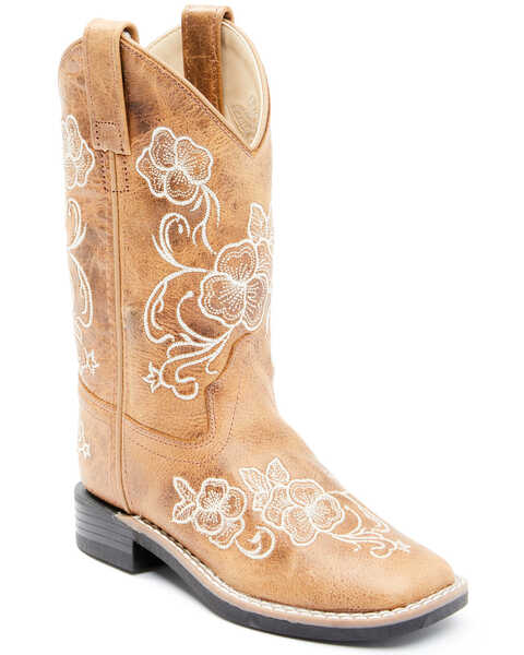 Shyanne Girls' Little Lasy Floral Embroidered Western Boots - Broad Square Toe, Tan, hi-res
