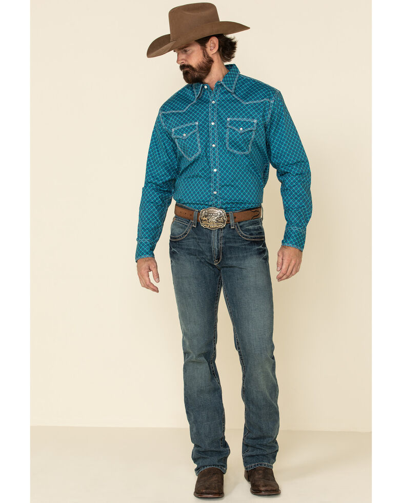Wrangler 20X Men's Advanced Comfort Blue Geo Print Long Sleeve Western Shirt , Blue, hi-res
