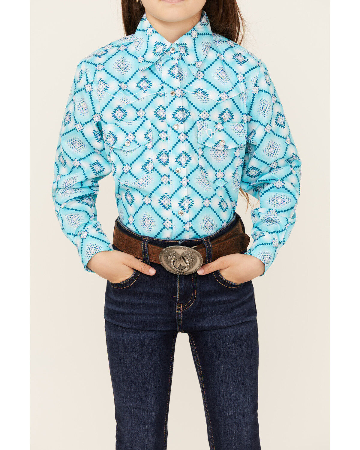 Image #3 - Cowgirl Hardware Girls' Diamond Print Long Sleeve Snap Western Shirt, , hi-res