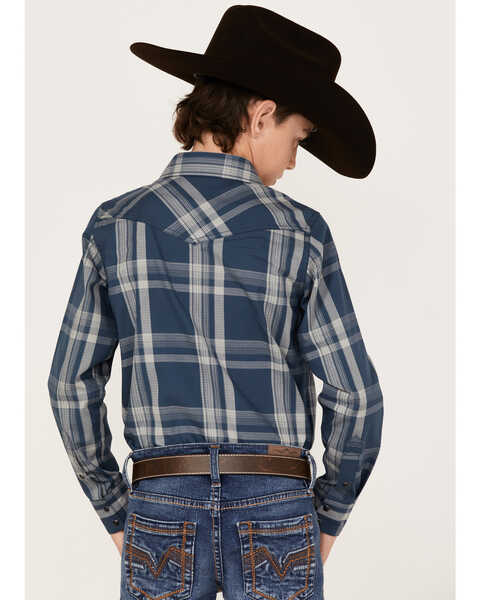Image #4 - Cody James Boys' Plaid Print Long Sleeve Western Snap Shirt, Navy, hi-res
