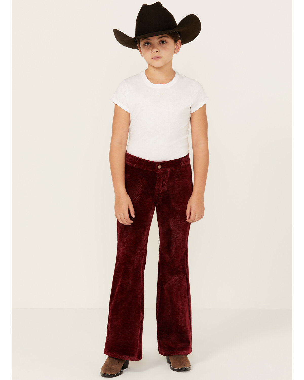 Image #1 - Rock & Roll Denim Girls' Velvet Stretch Button Flare Jeans, Red, hi-res