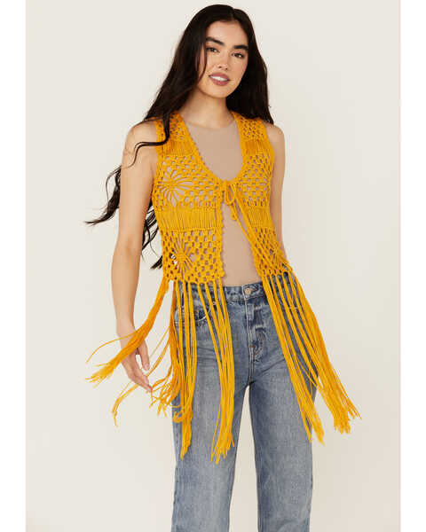 Rock & Roll Denim Women's Crochet Vest , Orange, hi-res