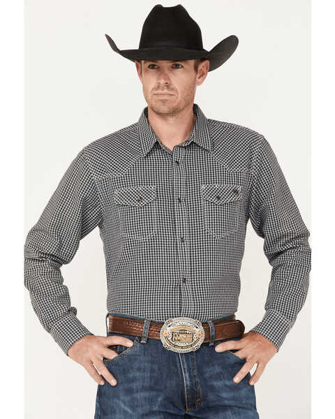 Blue Ranchwear Men's Gingham Print Pearl Snap Western Shirt, Charcoal, hi-res