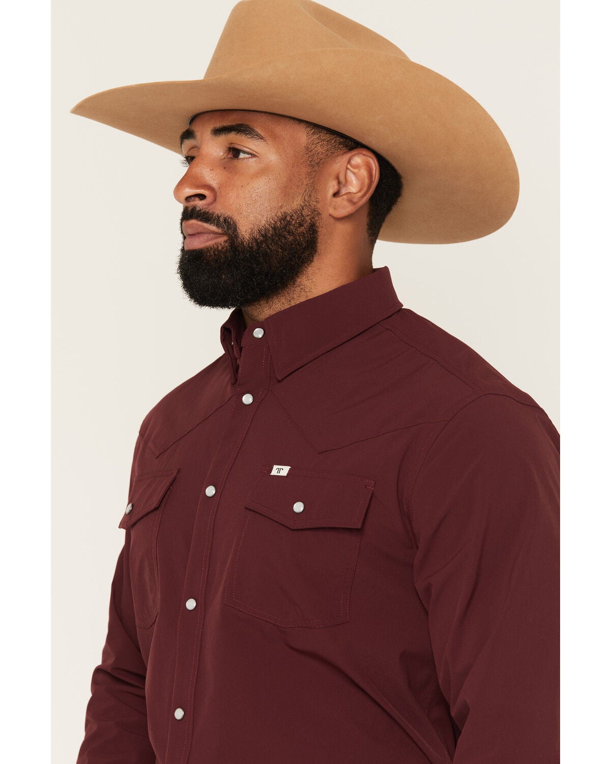 Image #2 - Ferrell Men's Tek Solid Short Sleeve Pearl Snap Stretch Performance Western Shirt, Maroon, hi-res