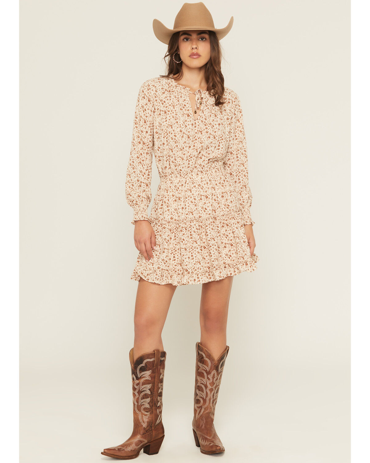 Image #1 - Yura Women's Floral Print Long Sleeve Smocked Mini Dress, Cream, hi-res