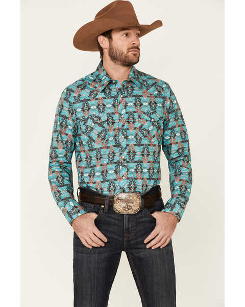 Image #1 - Rock & Roll Denim Men's Southwestern Print Long Sleeve Snap Western Shirt , Multi, hi-res