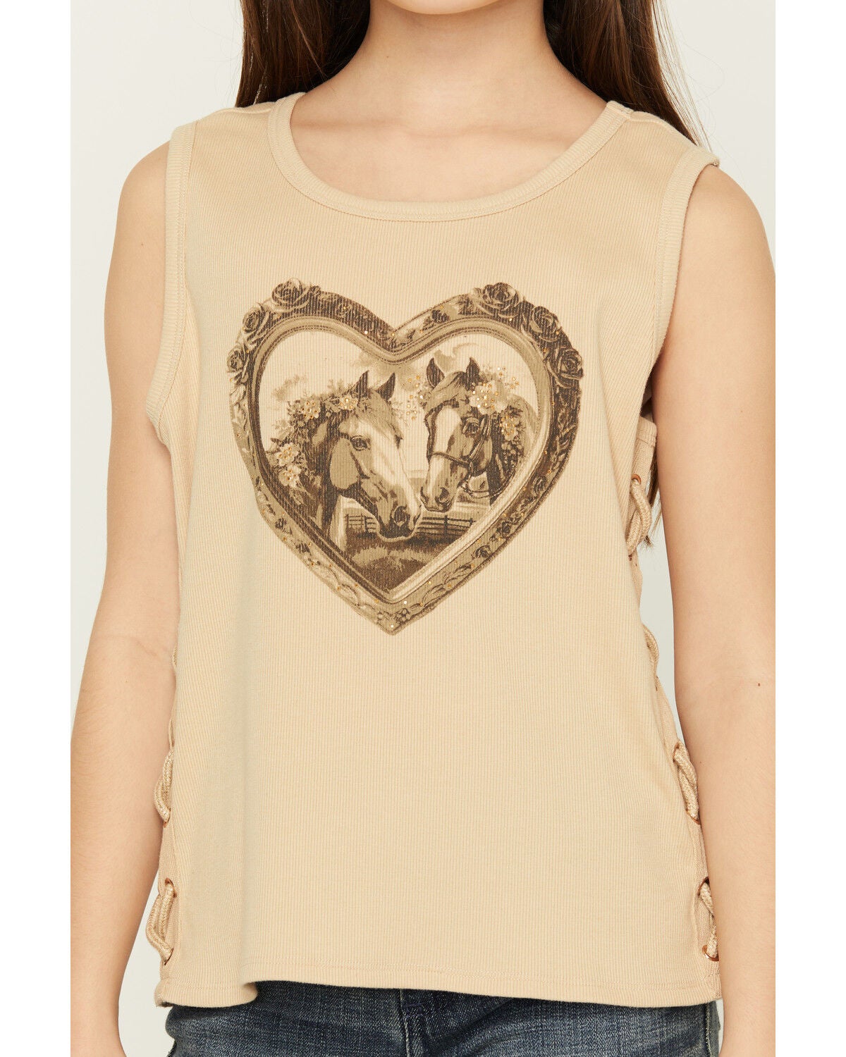 Image #3 - Buttercup Girls' Horse Lace-Up Tank, Brown, hi-res