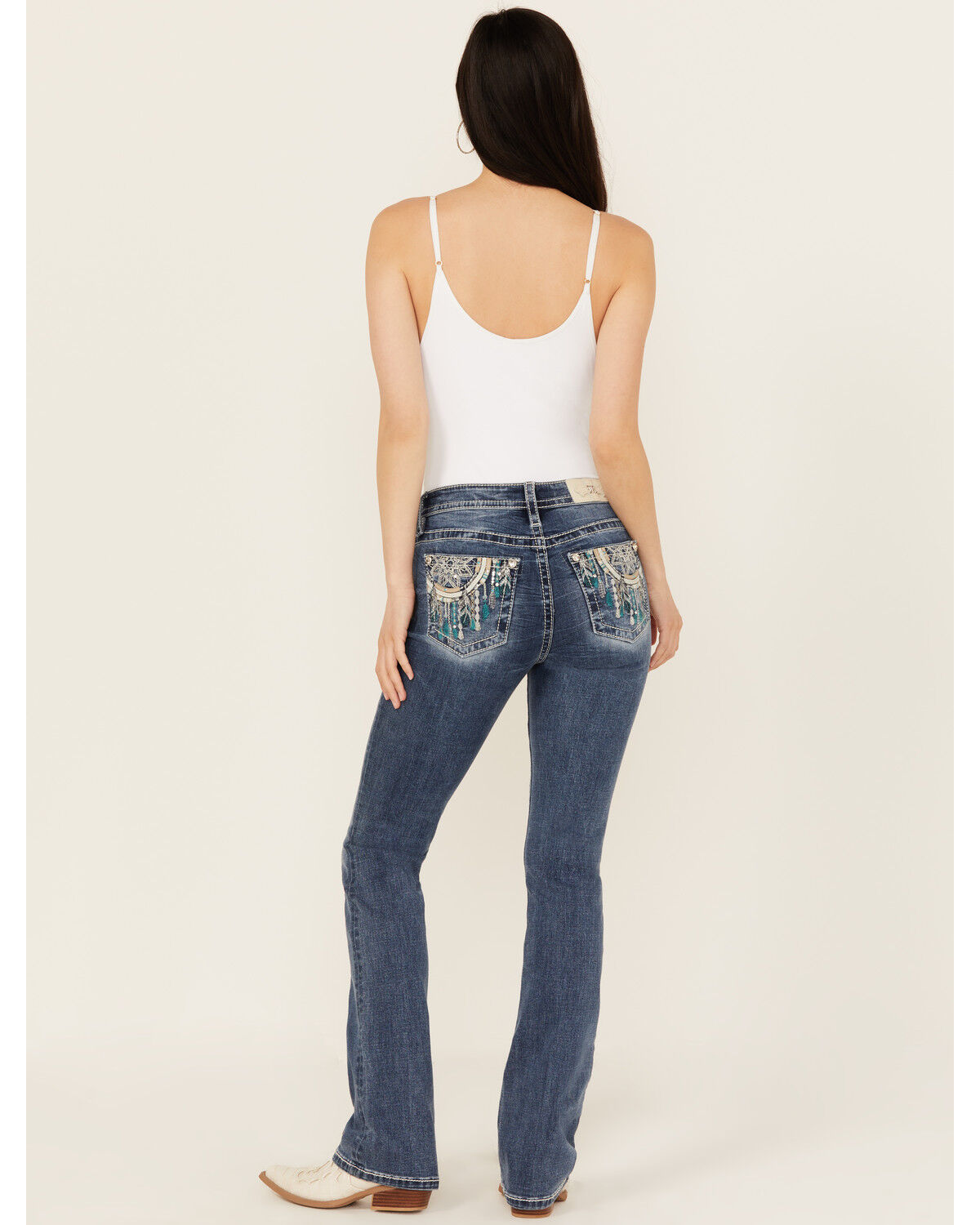 Image #1 - Miss Me Women's Dark Wash Mid Rise Dreamcatcher Pocket Bootcut Stretch Denim Jeans, Dark Wash, hi-res