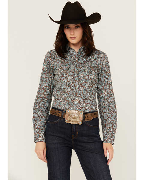 Image #1 - Roper Women's Paisley Print Long Sleeve Pearl Snap Western Shirt, Turquoise, hi-res