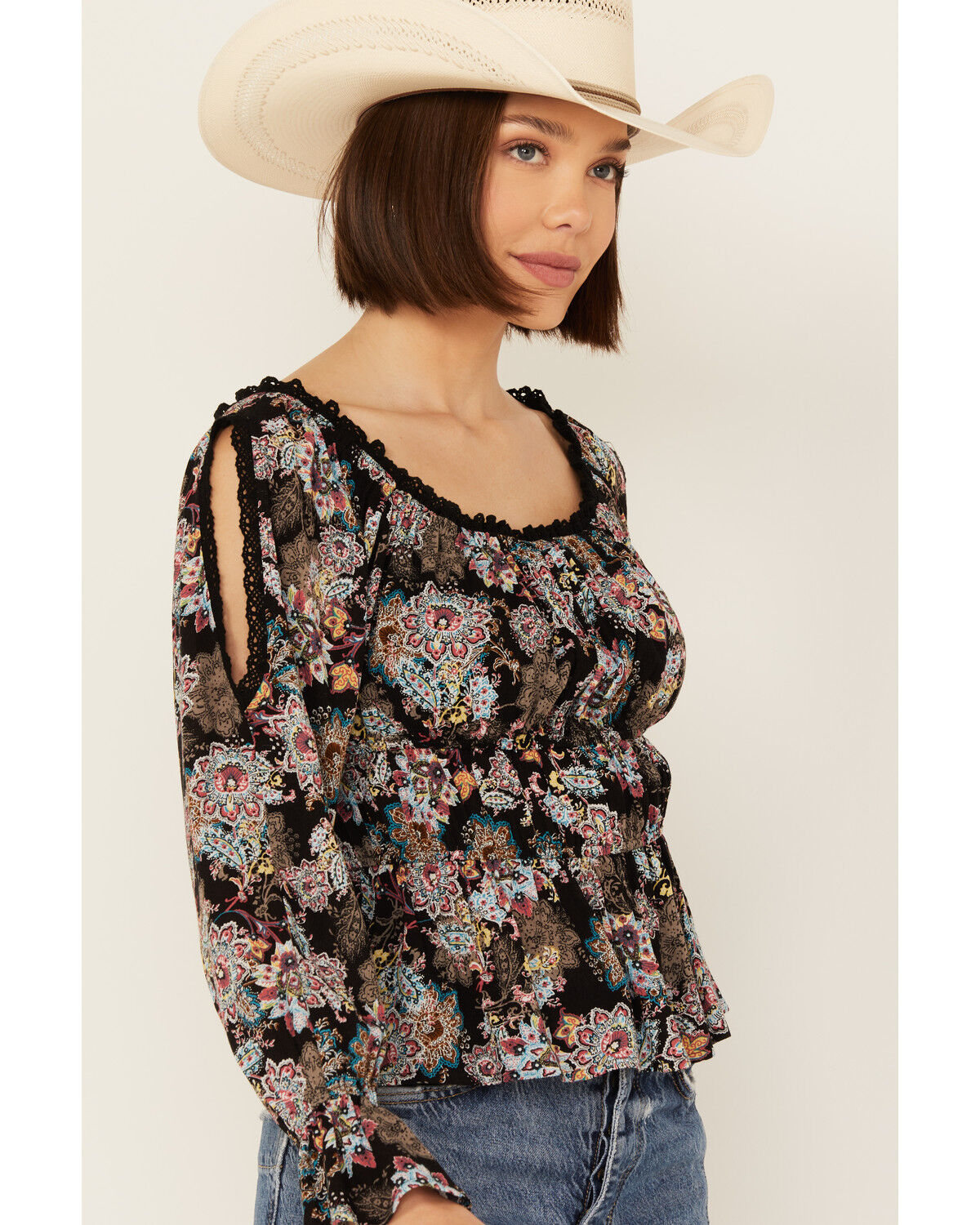 Image #2 - Wild Moss Women's Smocked Front Cold Shoulder Long Sleeve Shirt, Black, hi-res