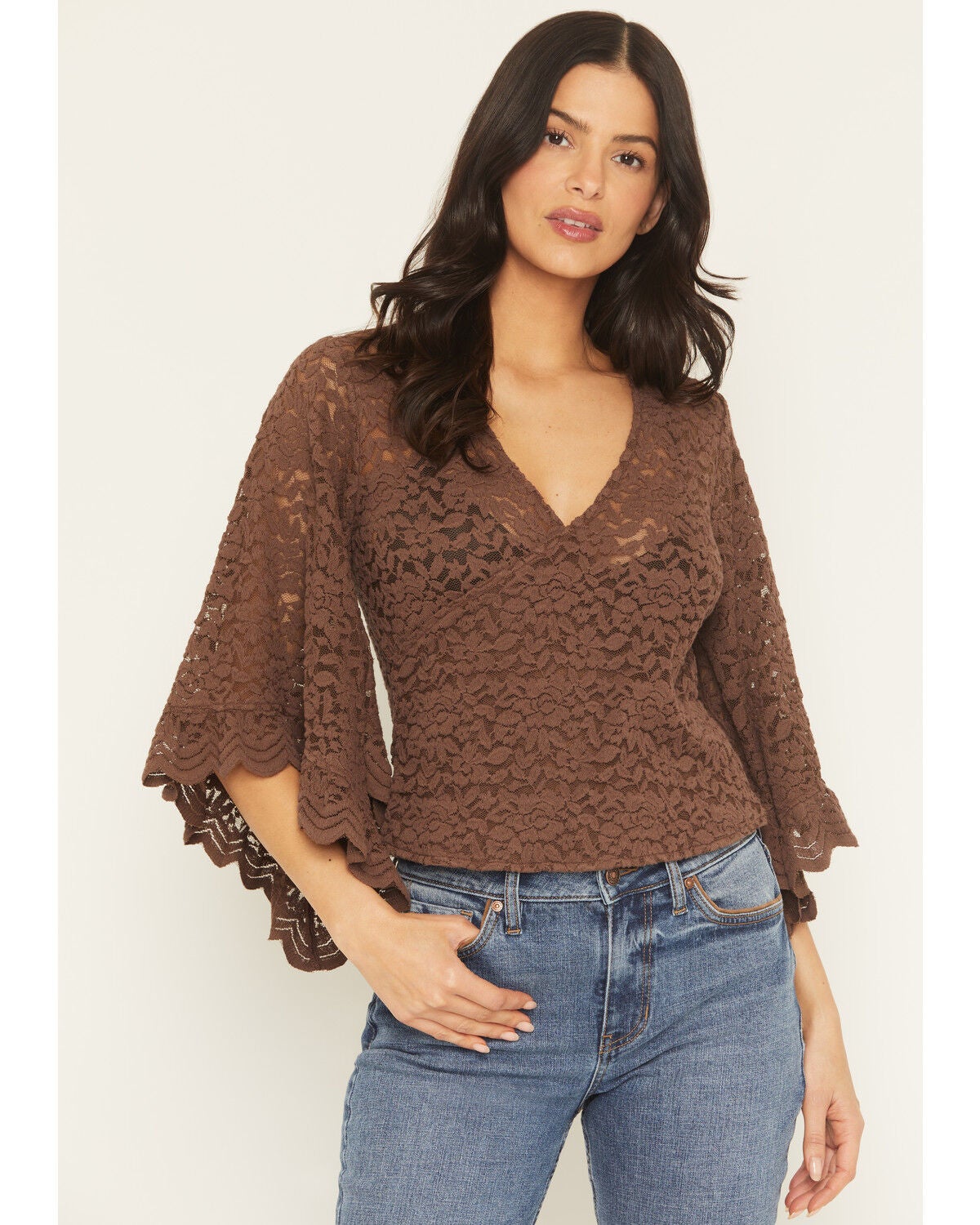 Shyanne Women's Wrap Front Long Sleeve Lace Top, Brown, hi-res