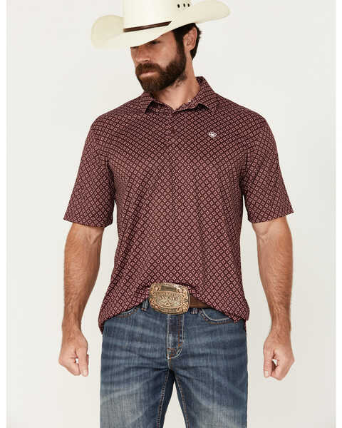 Ariat Men's Geo Print Short Sleeve Button-Down Polo Shirt, Burgundy, hi-res
