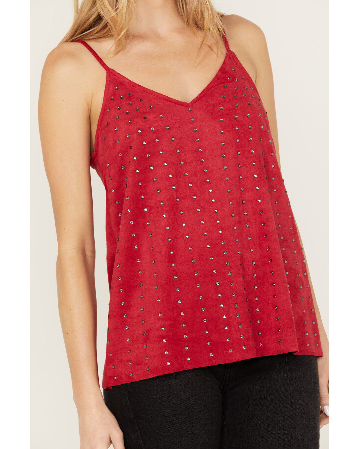Image #3 - Vocal Women's Studded Faux Suede Cami Top, Red, hi-res