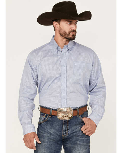 Cinch Men's Square Geo Stretch Long Sleeve Button-Down Western Shirt, Light Blue, hi-res