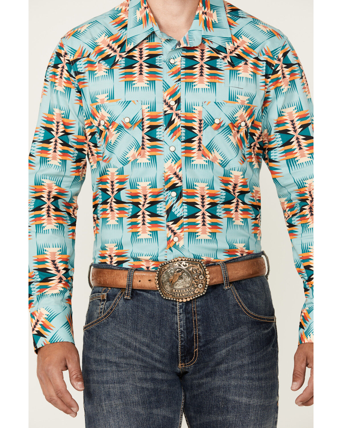Image #3 - Rock & Roll Denim Men's Southwestern Print Long Sleeve Snap Stretch Western Shirt, Teal, hi-res