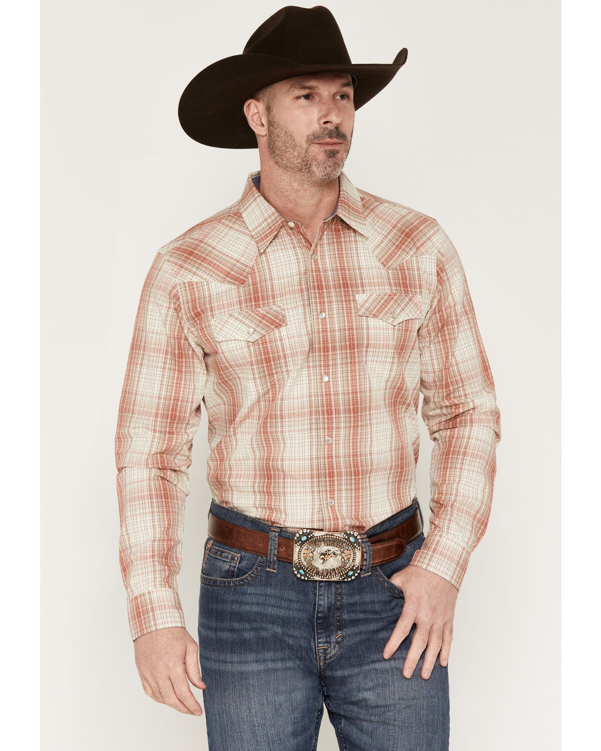 Cody James Men's Legend Dobby Plaid Print Long Sleeve Snap Western Shirt, Red, hi-res