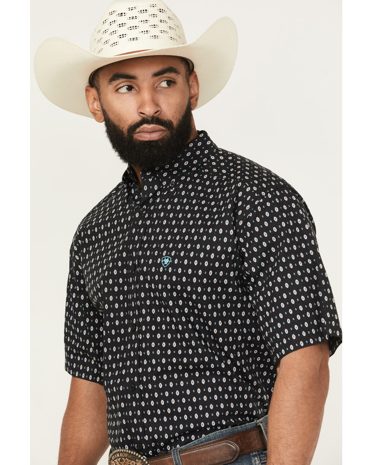 Image #2 - Ariat Men's Steele Geo Print Short Sleeve Button-Down Western Shirt, Black, hi-res