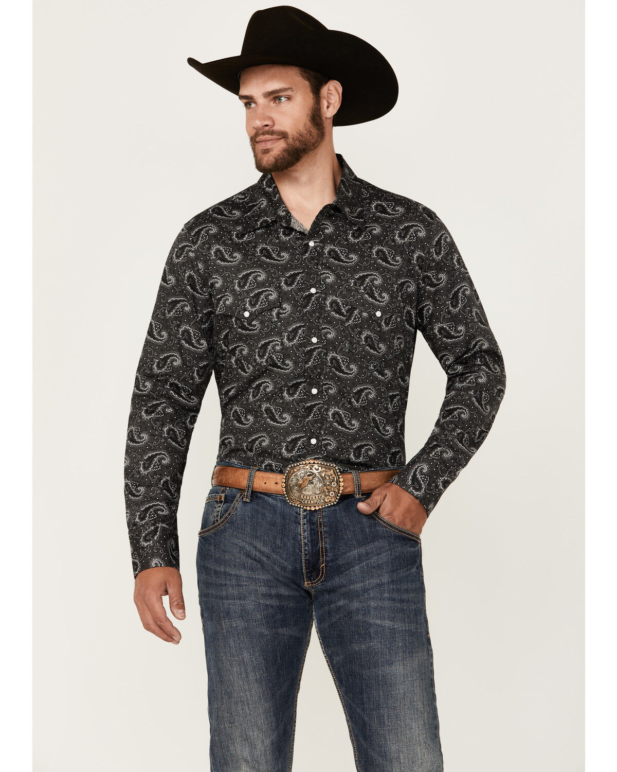 Image #1 - Rock & Roll Denim Men's Paisley Print Long Sleeve Snap Stretch Western Shirt, Black, hi-res
