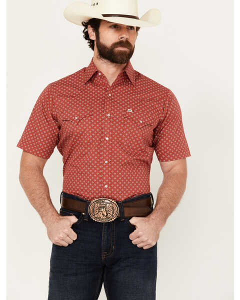 Ely Walker Men's Mini Bandana Geo Print Short Sleeve Snap Western Shirt , Red, hi-res