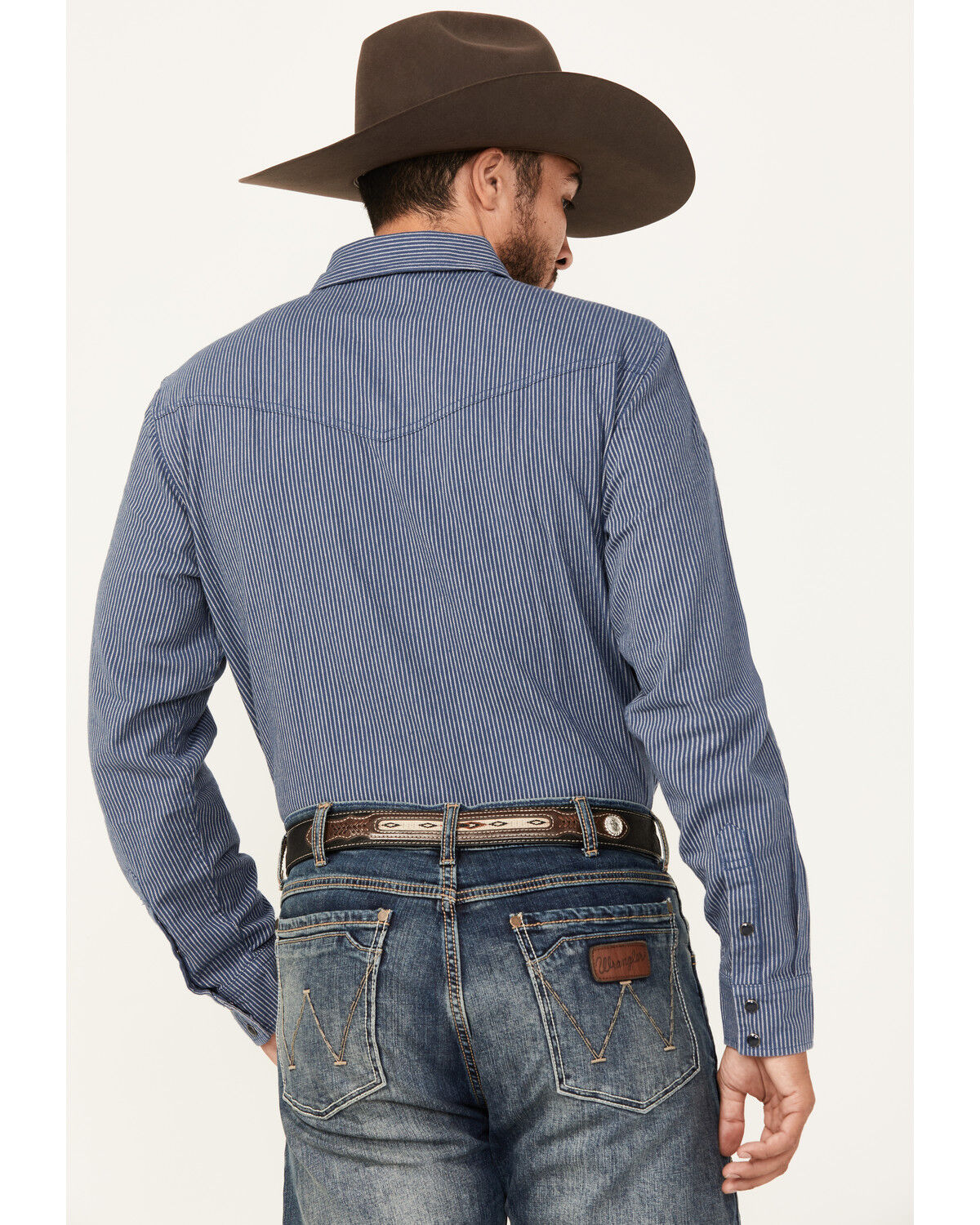 Image #4 - Blue Ranchwear Men's Somerville Herringbone Striped Print Long Sleeve Snap Work Shirt, Navy, hi-res