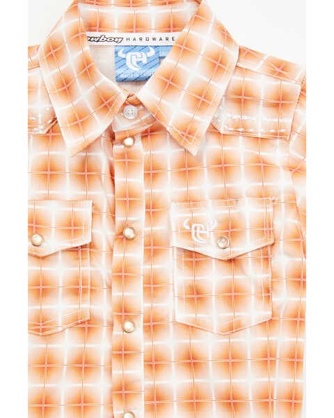 Image #2 - Cowboy Hardware Infant Boys' Plaid Print Short Sleeve Pearl Snap Onesie , Orange, hi-res