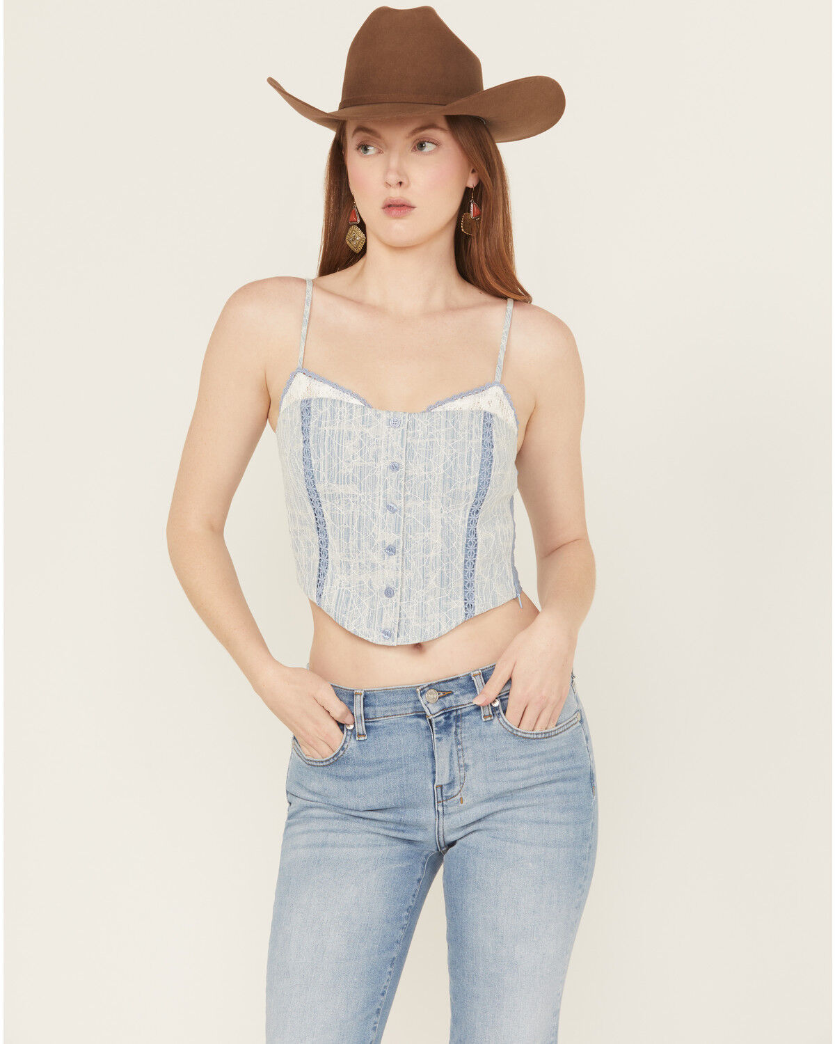 Image #1 - Miss Me Women's Denim Sleeveless Button-Down Bustier, Blue, hi-res