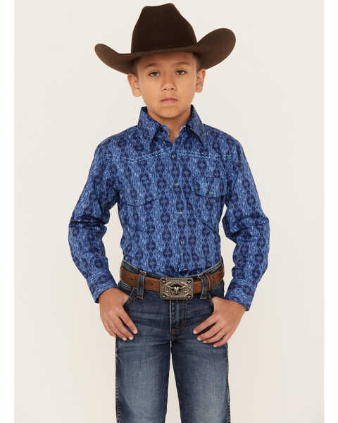 Cowboy Hardware Boys' Tonal Southwestern Print Long Sleeve Pearl Snap Western Shirt, Blue, hi-res