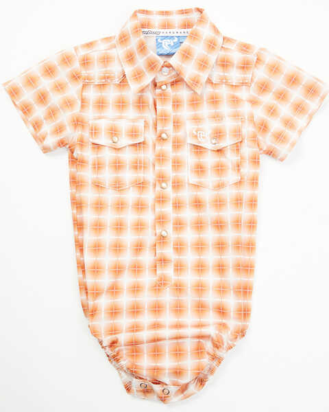 Cowboy Hardware Infant Boys' Plaid Print Short Sleeve Pearl Snap Onesie , Orange, hi-res