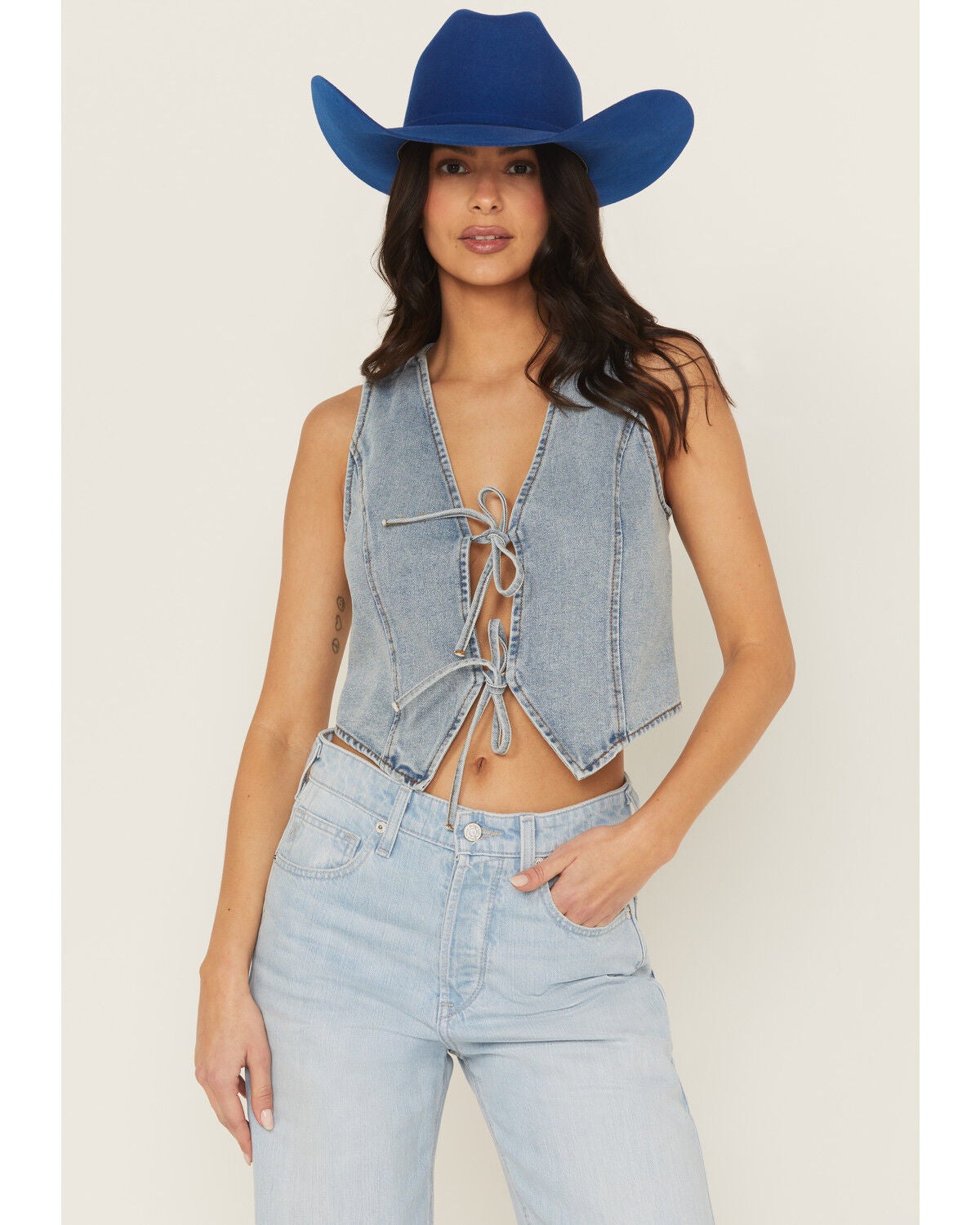 26 International Women's Light Wash Tie-Front Denim Vest, Medium Wash, hi-res