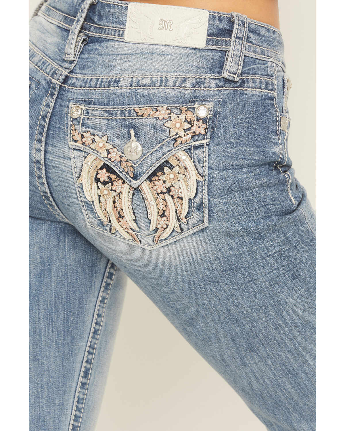 Image #2 - Miss Me Women's Light Wash Floral Wing Pocket Bootcut Jeans, Light Wash, hi-res