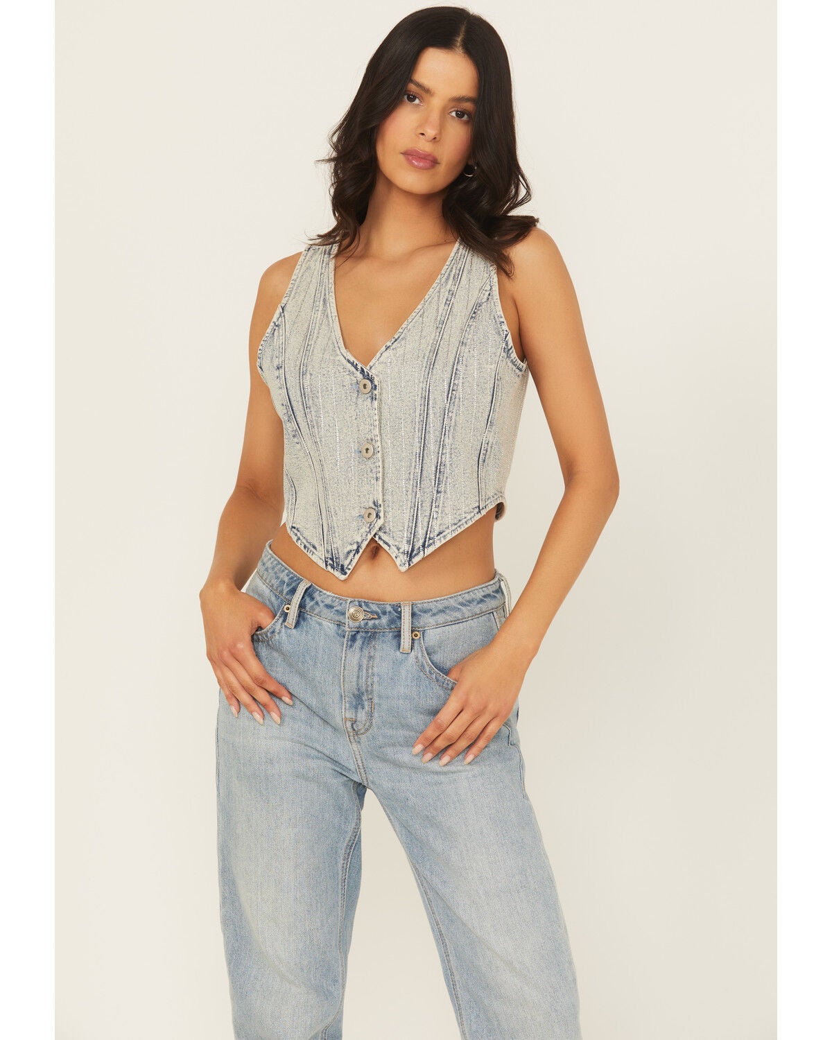 Blue B Women's Rhinestone Button-Down Vest, Light Wash, hi-res