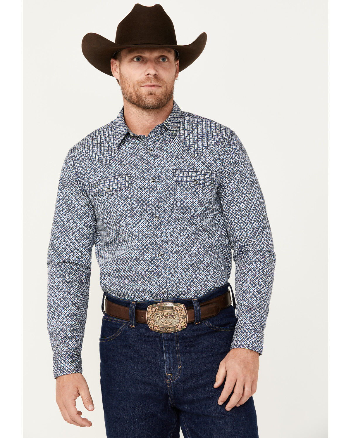 Image #1 - Cody James Men's Reride Geo Print Long Sleeve Snap Western Shirt - Big, Navy, hi-res