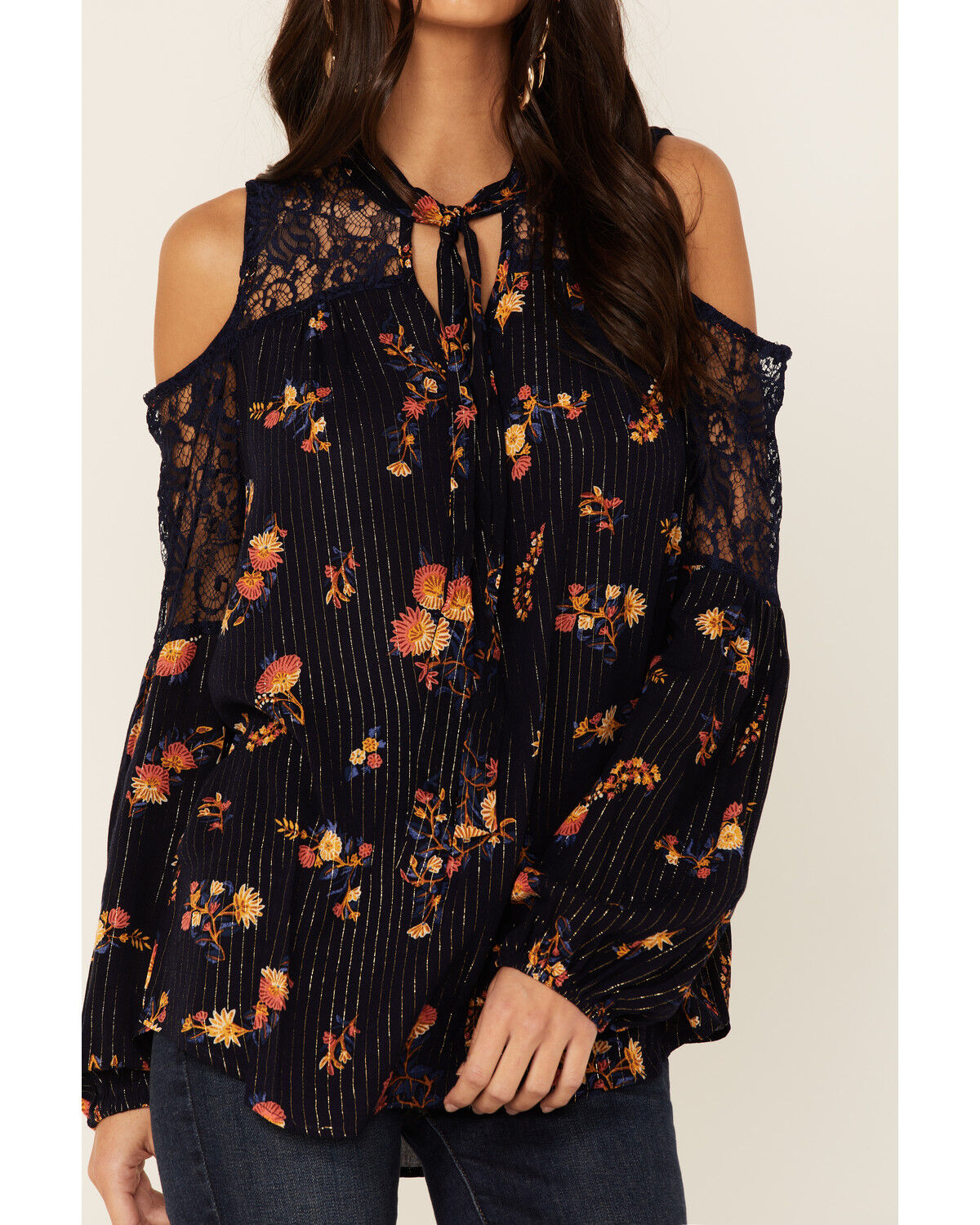 Image #3 - Miss Me Women's Cold Shoulder Long Sleeve Floral Top, Navy, hi-res