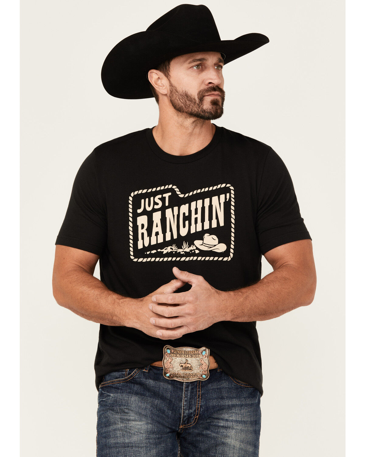 Image #1 - Rodeo Time Men's Just Ranchin' Short Sleeve Graphic T-Shirt, Black, hi-res