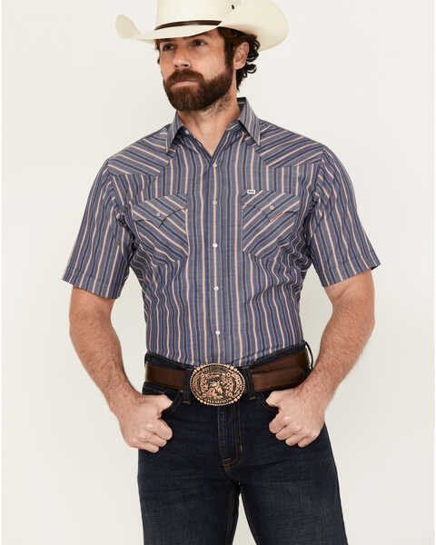 Ely Walker Men's Dobby Striped Print Short Sleeve Snap Western Shirt - Tall, Blue, hi-res