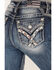 Image #2 - Miss Me Women's Medium Wash Mid Rise Embroidered Paisley Distressed Bootcut Jeans - Long, Dark Blue, hi-res