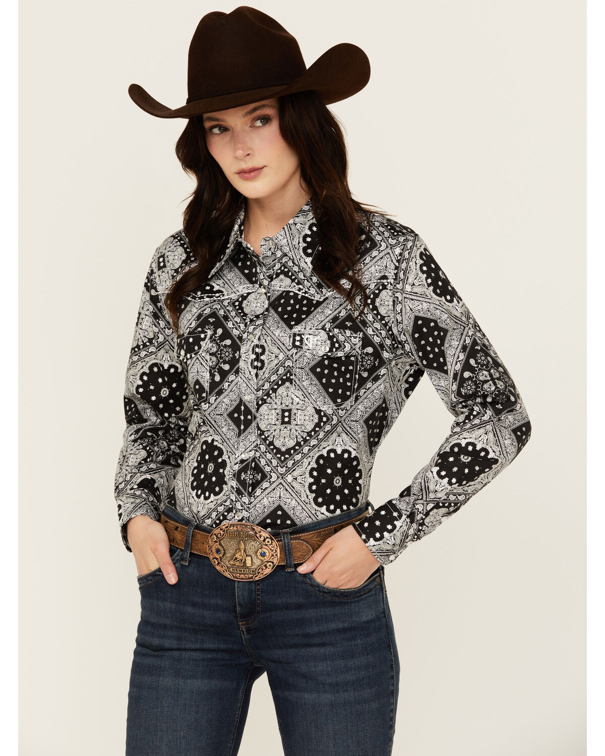 Image #1 - Cowgirl Hardware Women's Bandana Print Long Sleeve Snap Western Shirt, Black, hi-res