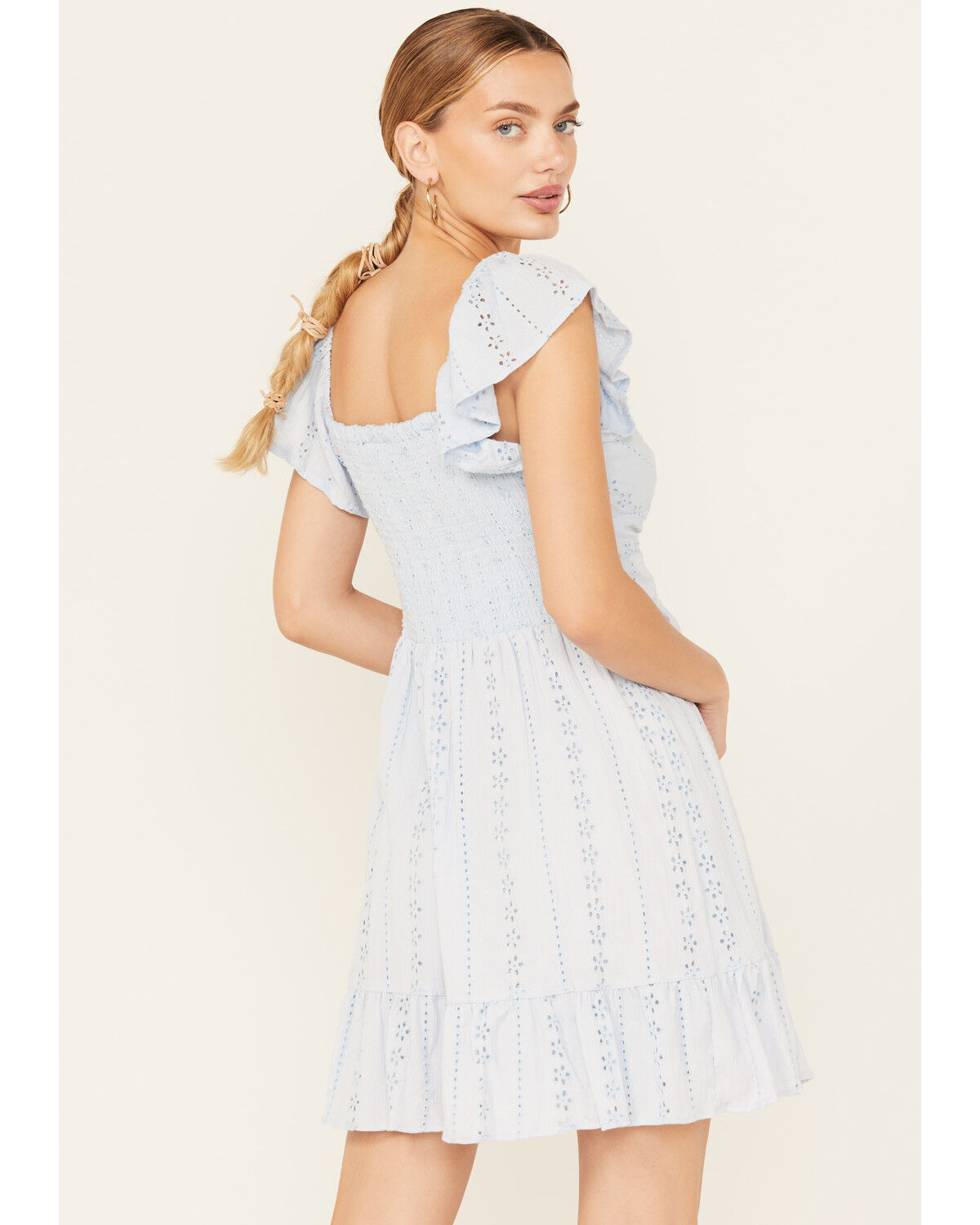 Image #4 - Angie Women's Eyelet Knot Front Mini Dress, Light Blue, hi-res