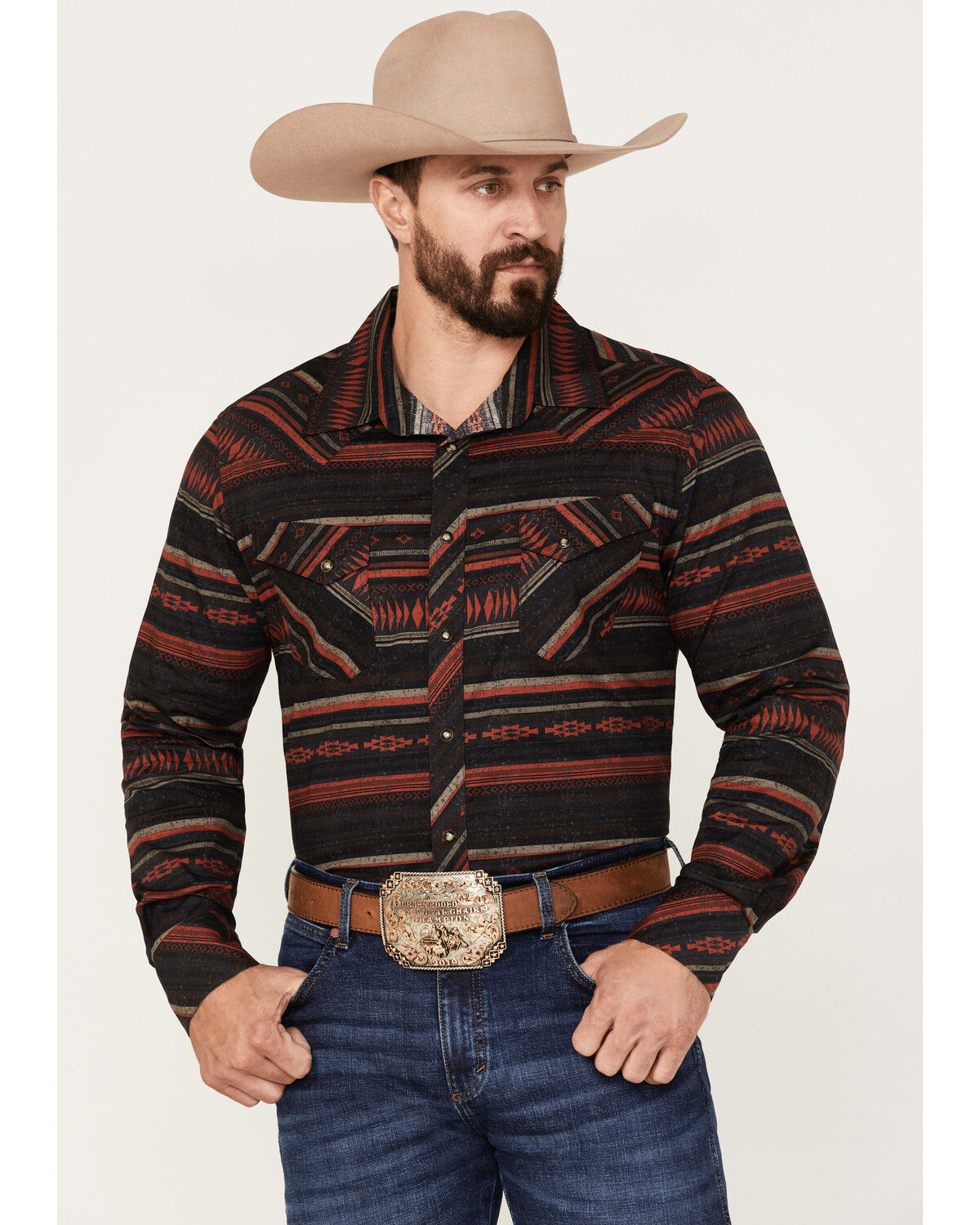 Image #1 - Rock & Roll Denim Men's Southwestern Stripe Stretch Long Sleeve Snap Shirt, Burgundy, hi-res
