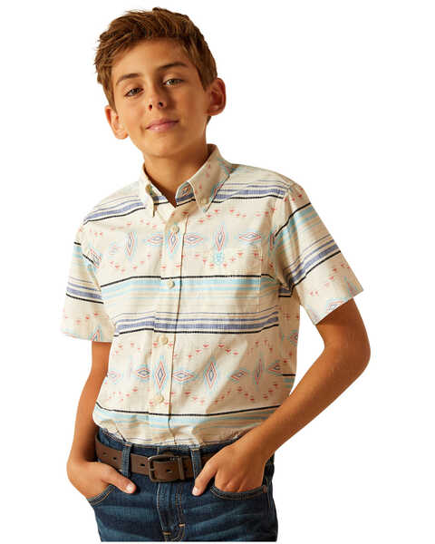 Ariat Boys' Sandshell Southwestern Striped Short Sleeve Button-Down Western Shirt , Sand, hi-res