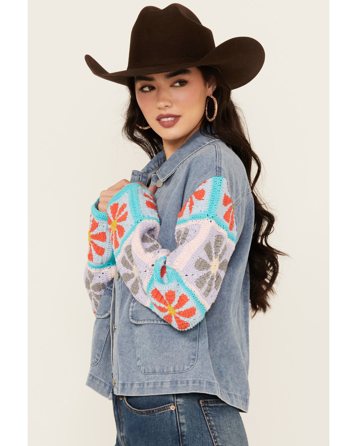 Image #2 - Mystree Women's Crochet Sleeve Medium Wash Denim Jacket, Blue, hi-res