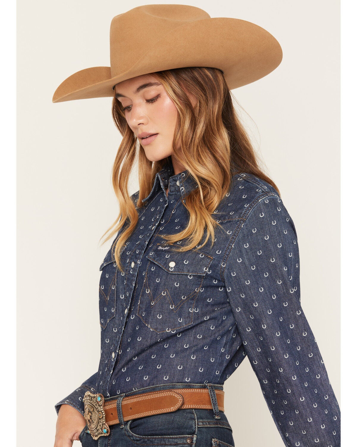 Image #2 - Wrangler Retro Women's Dark Wash Horseshoe Print Denim Long Sleeve Snap Western Shirt, Dark Wash, hi-res