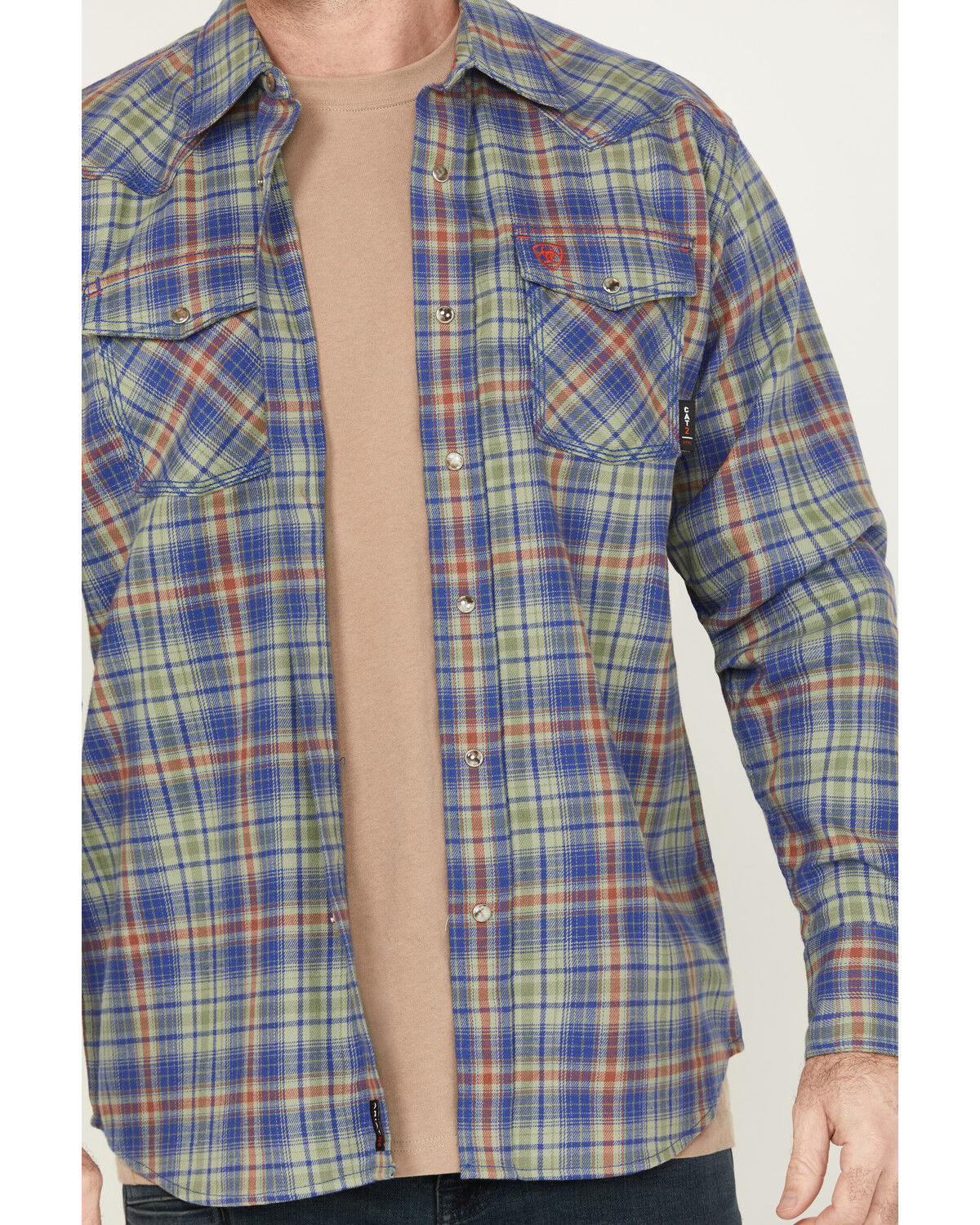 Image #3 - Ariat Men's FR Wilshire Plaid Print Long Sleeve Snap Work Shirt, Green, hi-res