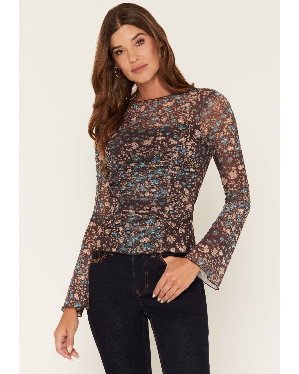 Ash & Violet Women's Floral Print Mesh Long Sleeve Top, Brown, hi-res