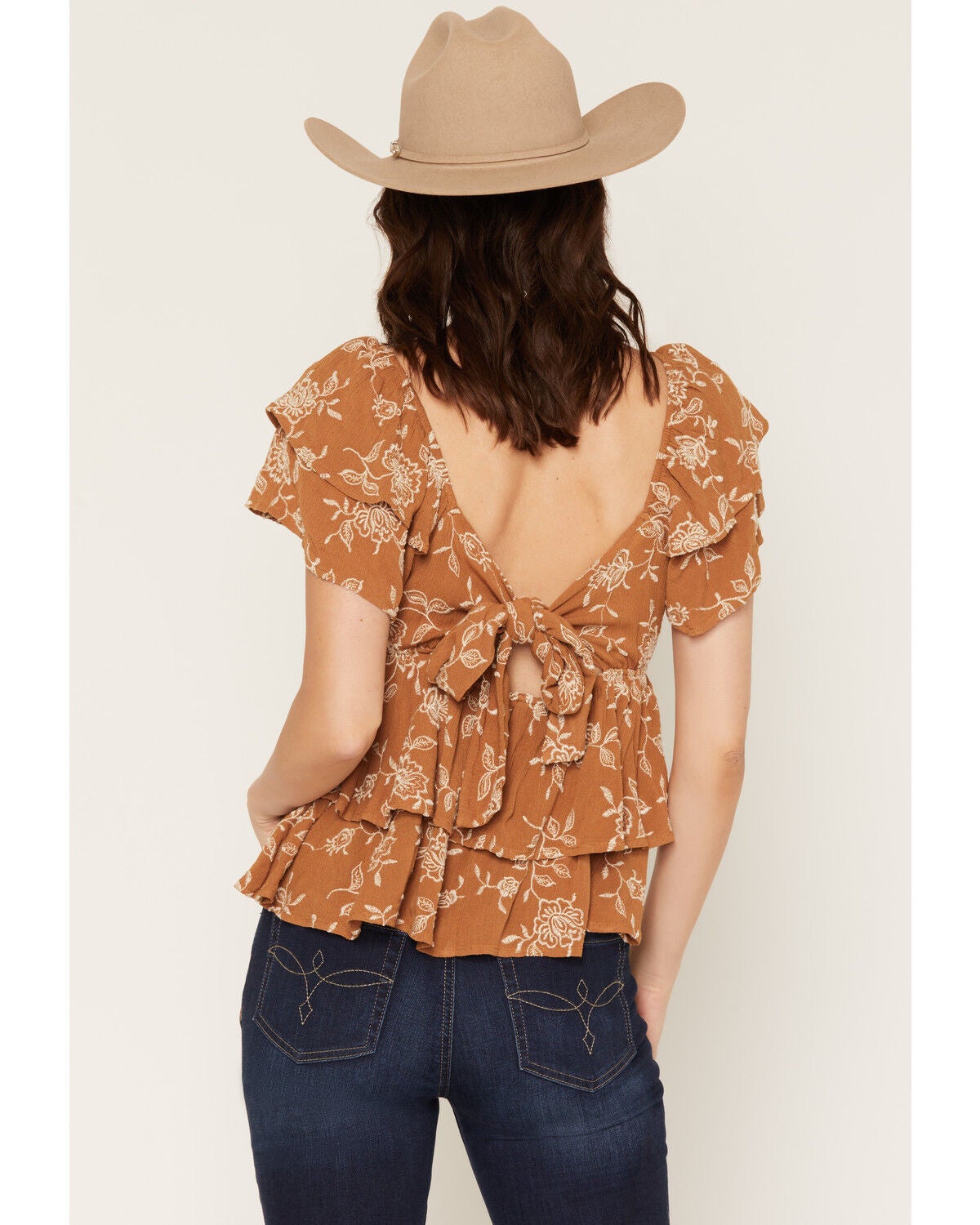 Image #4 - Originality Women's Boot Barn Exclusive Floral Embroidered Tiered Tie Back Top, Mustard, hi-res