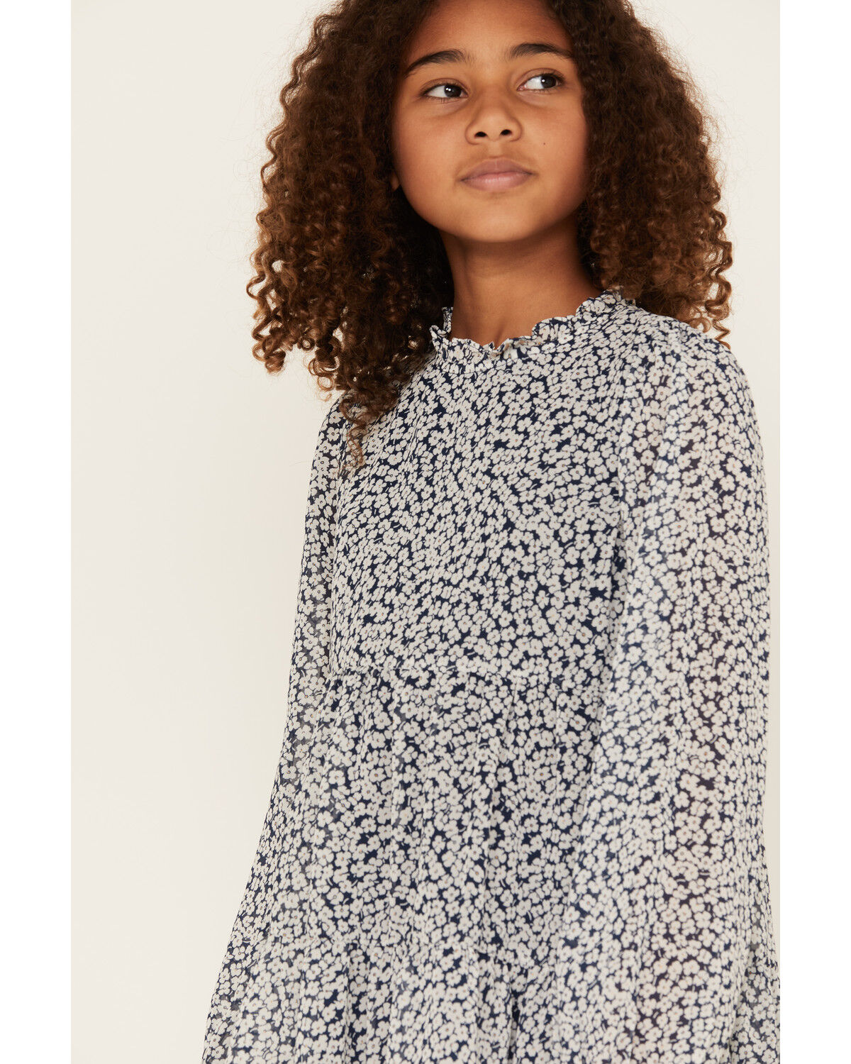 Image #2 - Hayden Girls' Ditsy Floral Long Sleeve Ruffle Top, Blue, hi-res