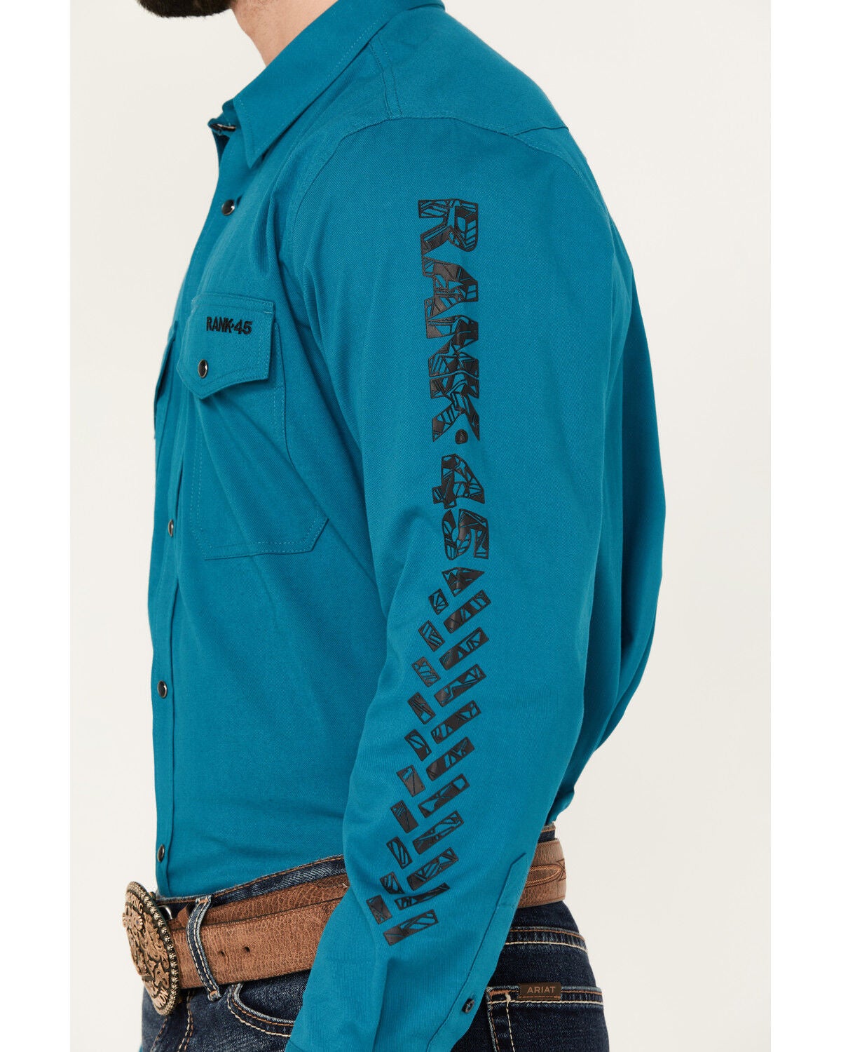 Image #3 - RANK 45&reg; Men's Solid Logo Long Sleeve Performance Stretch Western Shirt, Teal, hi-res